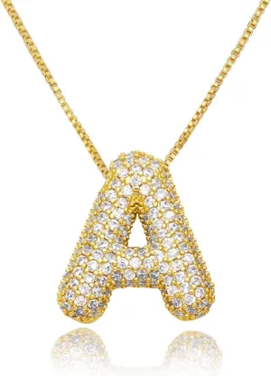 18K Bubble Letter Necklace Gold for Women, Initial Necklaces Rhinestone Chunky Bubble Letter Necklace as Birthday Gifts Charm Puff Name Pendant Alphabet Necklaces Non Tarnish Gold Plated Jewelry