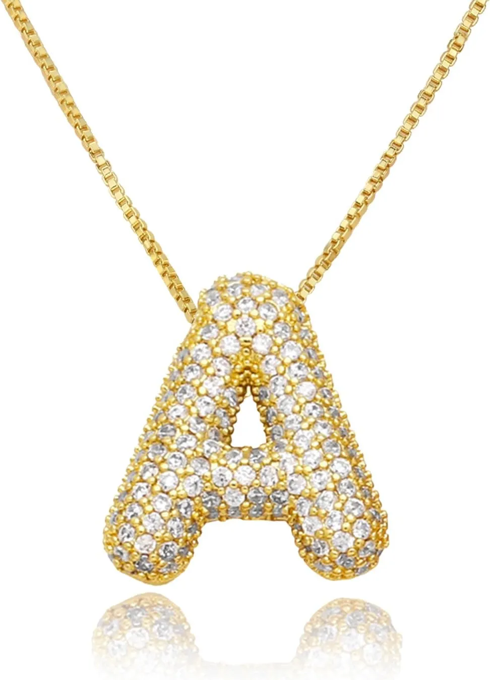 18K Bubble Letter Necklace Gold for Women, Initial Necklaces Rhinestone Chunky Bubble Letter Necklace as Birthday Gifts Charm Puff Name Pendant Alphabet Necklaces Non Tarnish Gold Plated Jewelry