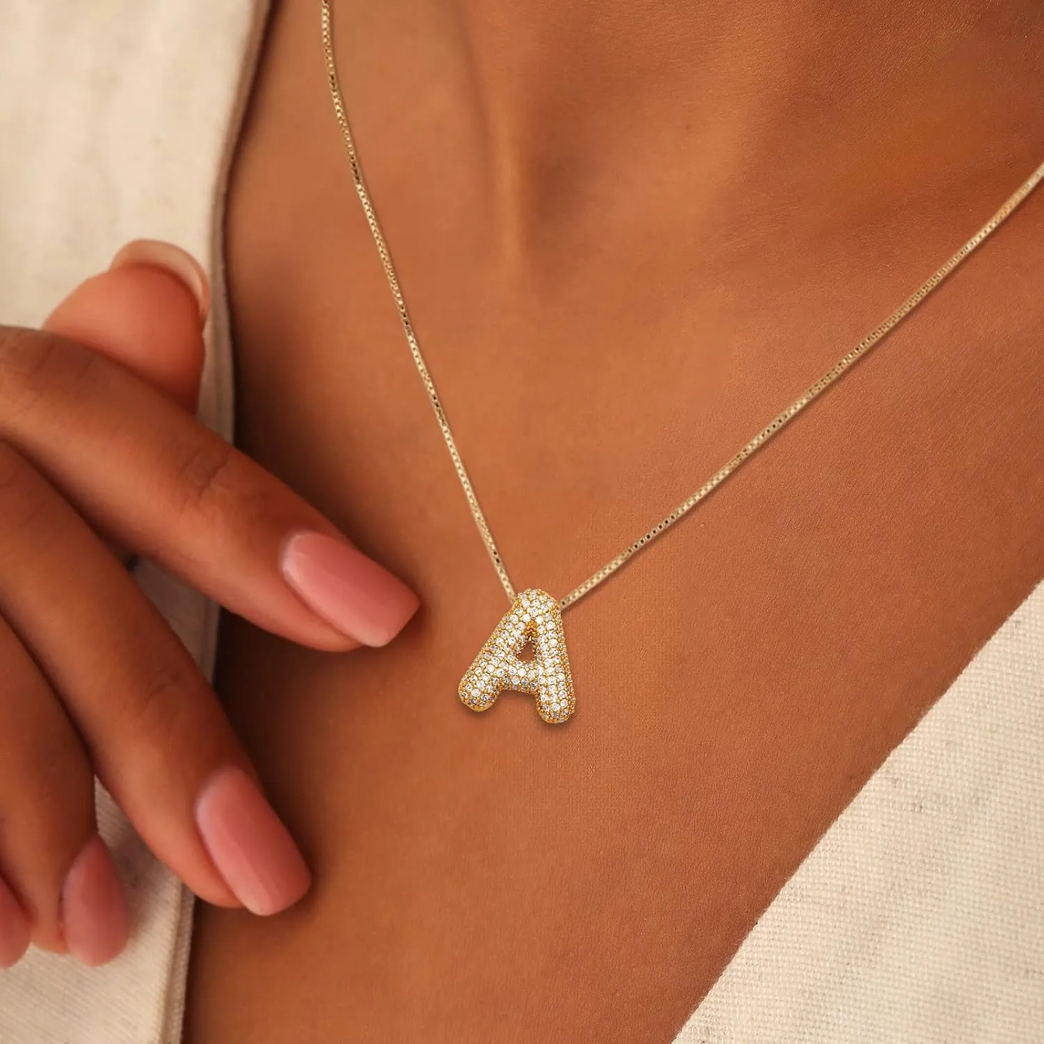 18K Bubble Letter Necklace Gold for Women, Initial Necklaces Rhinestone Chunky Bubble Letter Necklace as Birthday Gifts Charm Puff Name Pendant Alphabet Necklaces Non Tarnish Gold Plated Jewelry