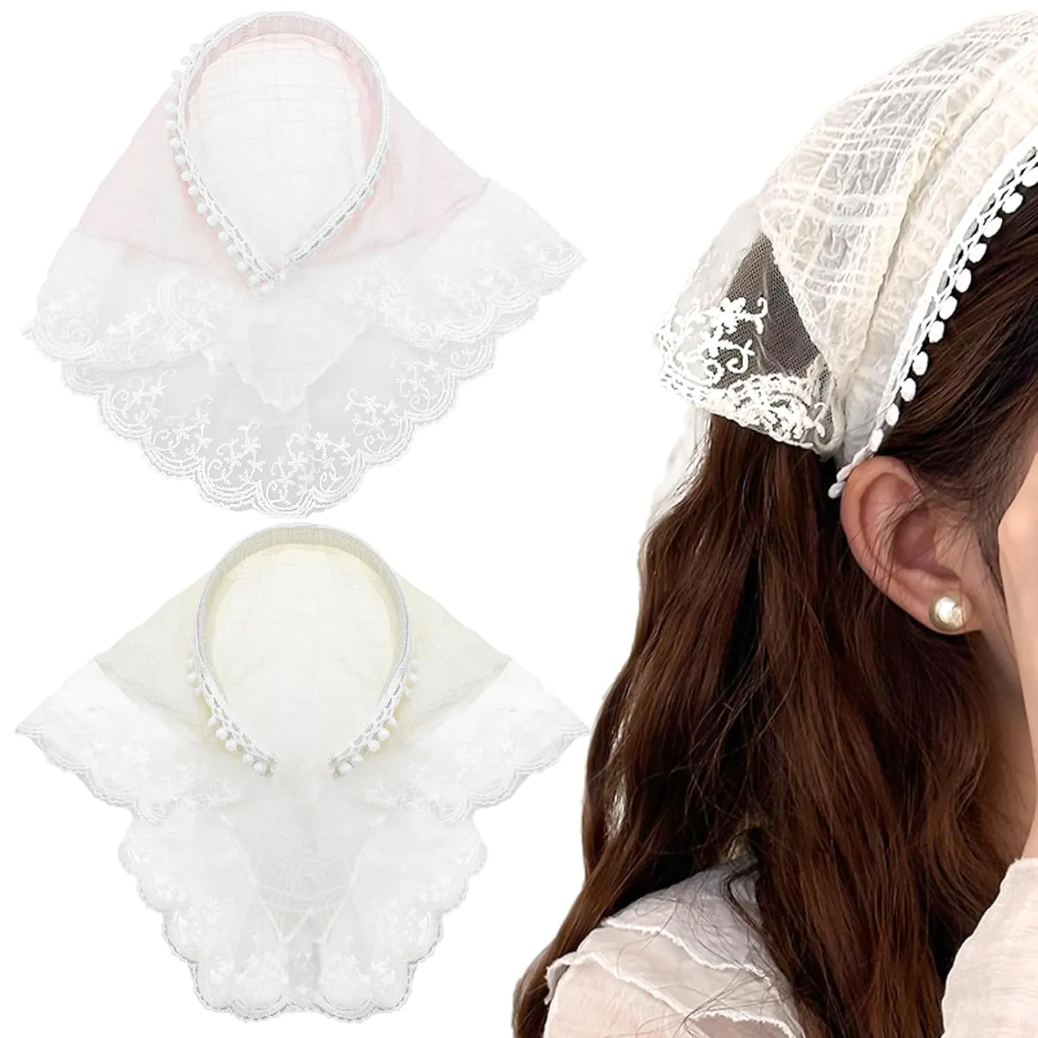 2 PACK Hair Scarf Headband for Women, Lace Hair Bandana, Non-Slip Hair Soft Head Coverings Boho Triangle Bandana Turban for Hair Styling