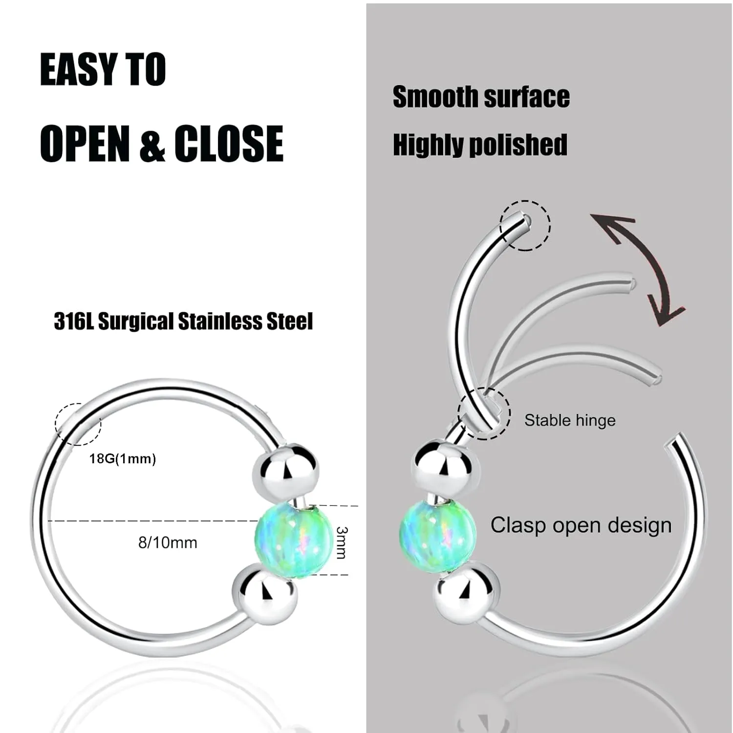 2 Pcs Small Cartilage Hoop Earrings for Women Men, 18G Opal Silver Earrings Hypoallergenic 316L Surgical Steel Hinge Huggie Hoop Earrings for Helix,Tragus,Conch,Rook,Earlobe Piercing Jewelry Nose Ring