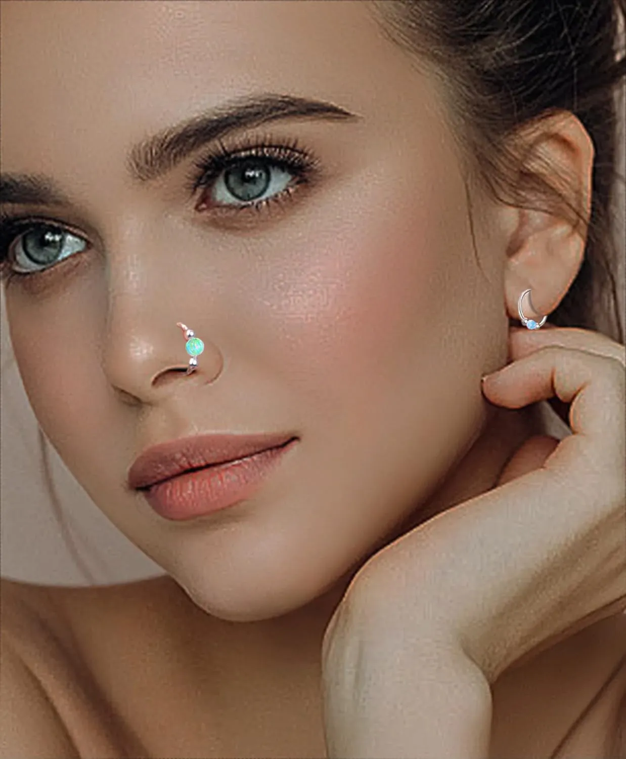 2 Pcs Small Cartilage Hoop Earrings for Women Men, 18G Opal Silver Earrings Hypoallergenic 316L Surgical Steel Hinge Huggie Hoop Earrings for Helix,Tragus,Conch,Rook,Earlobe Piercing Jewelry Nose Ring