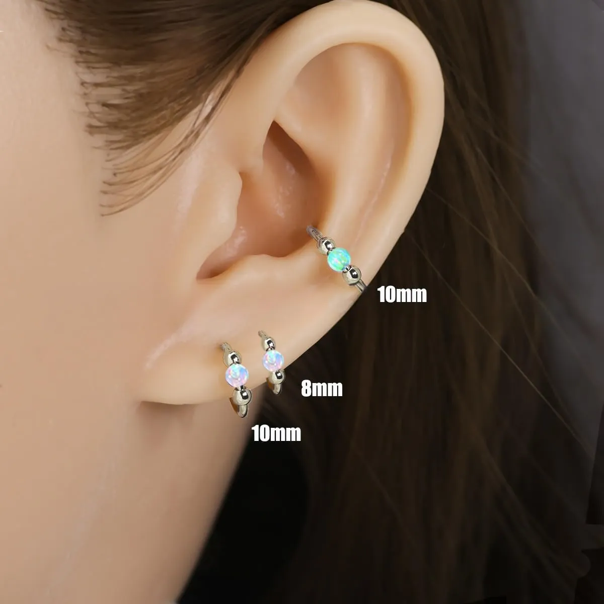 2 Pcs Small Cartilage Hoop Earrings for Women Men, 18G Opal Silver Earrings Hypoallergenic 316L Surgical Steel Hinge Huggie Hoop Earrings for Helix,Tragus,Conch,Rook,Earlobe Piercing Jewelry Nose Ring