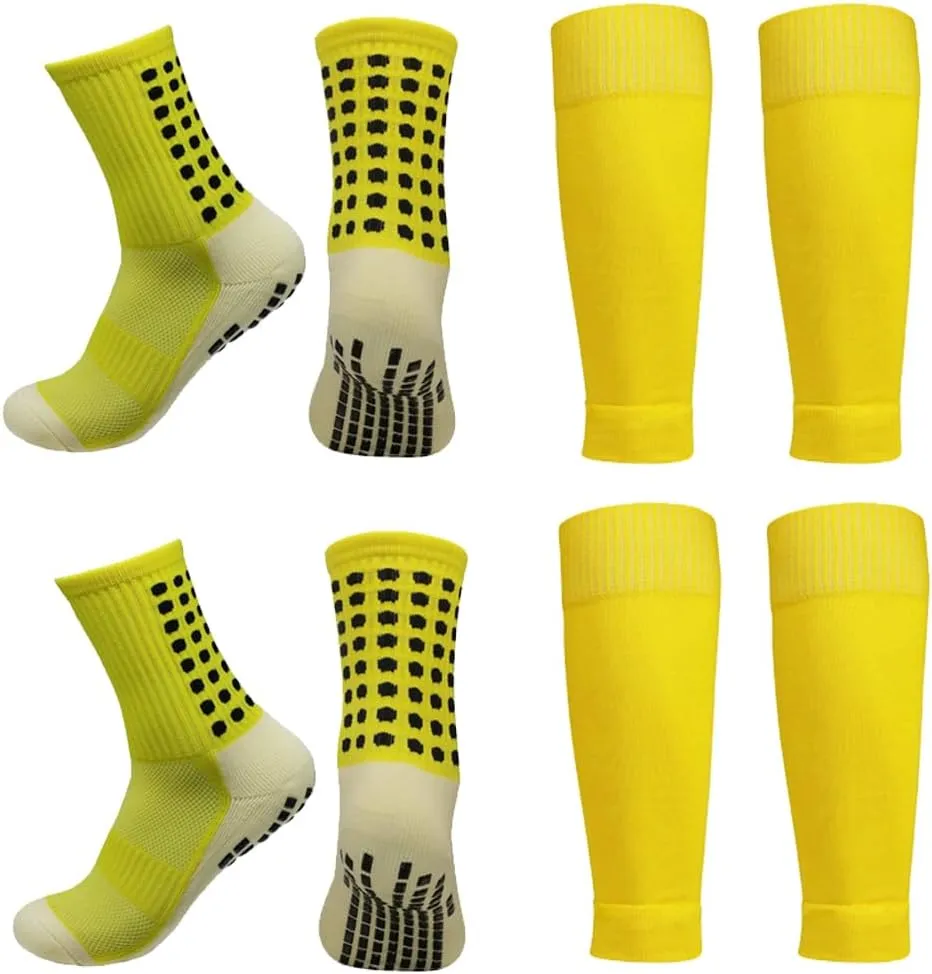 2 Set Anti-Slip Grip Soccer Socks with Shin Guard Sleeves, Sports Athletic Socks for Men Women