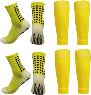 2 Set Anti-Slip Grip Soccer Socks with Shin Guard Sleeves, Sports Athletic Socks for Men Women