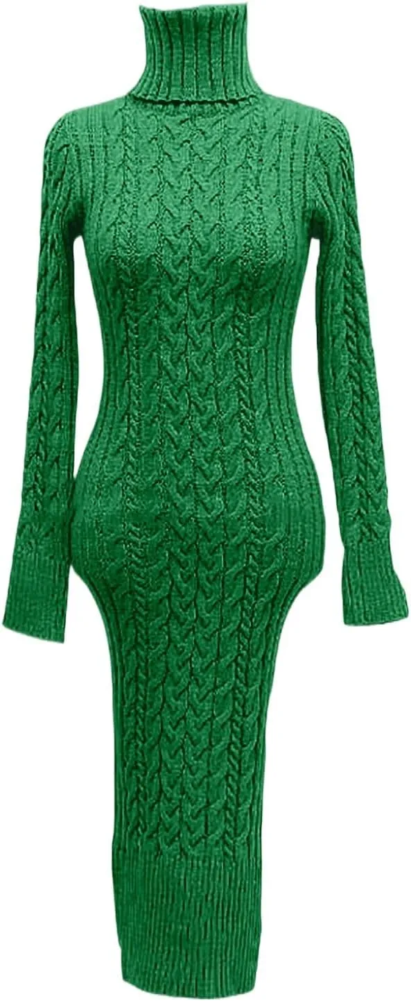 2024 Fall Sweater Dress for Women Long Sleeve Turtleneck Knit Ribbed Slim Fit Midi Dress Business Casual Outfits