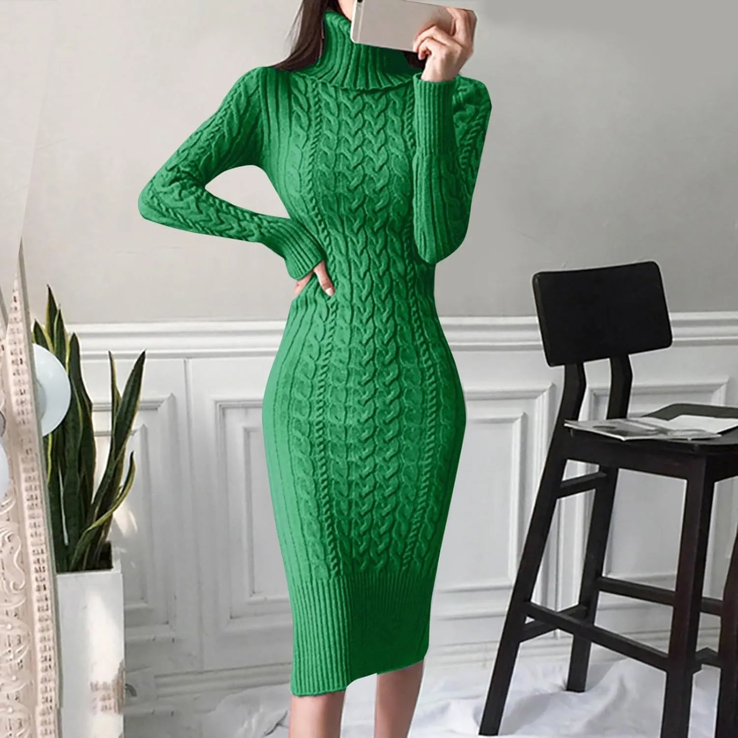 2024 Fall Sweater Dress for Women Long Sleeve Turtleneck Knit Ribbed Slim Fit Midi Dress Business Casual Outfits
