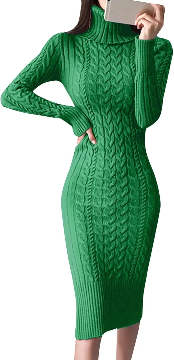 2024 Fall Sweater Dress for Women Long Sleeve Turtleneck Knit Ribbed Slim Fit Midi Dress Business Casual Outfits