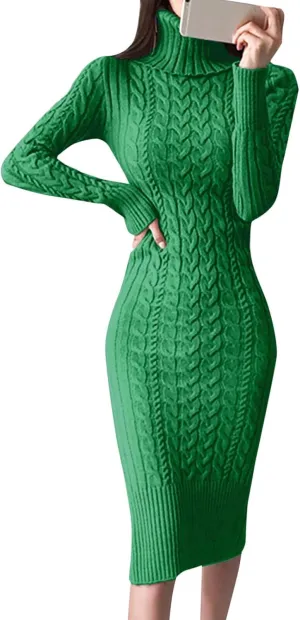 2024 Fall Sweater Dress for Women Long Sleeve Turtleneck Knit Ribbed Slim Fit Midi Dress Business Casual Outfits