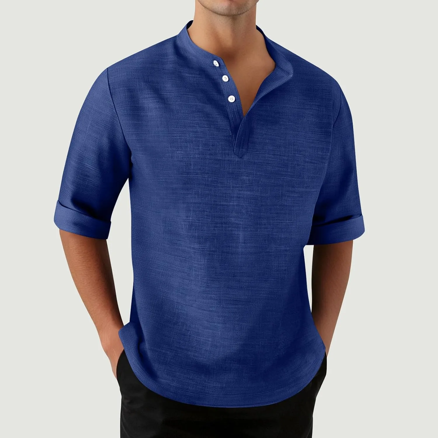 3/4 Length Sleeve Mens Shirts Casual Stylish V Neck Button Up Cotton Linen Henley Shirt Summer Beach Vacation Clothes