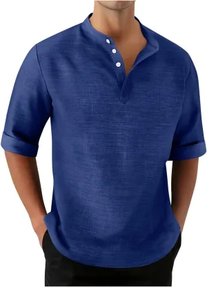 3/4 Length Sleeve Mens Shirts Casual Stylish V Neck Button Up Cotton Linen Henley Shirt Summer Beach Vacation Clothes