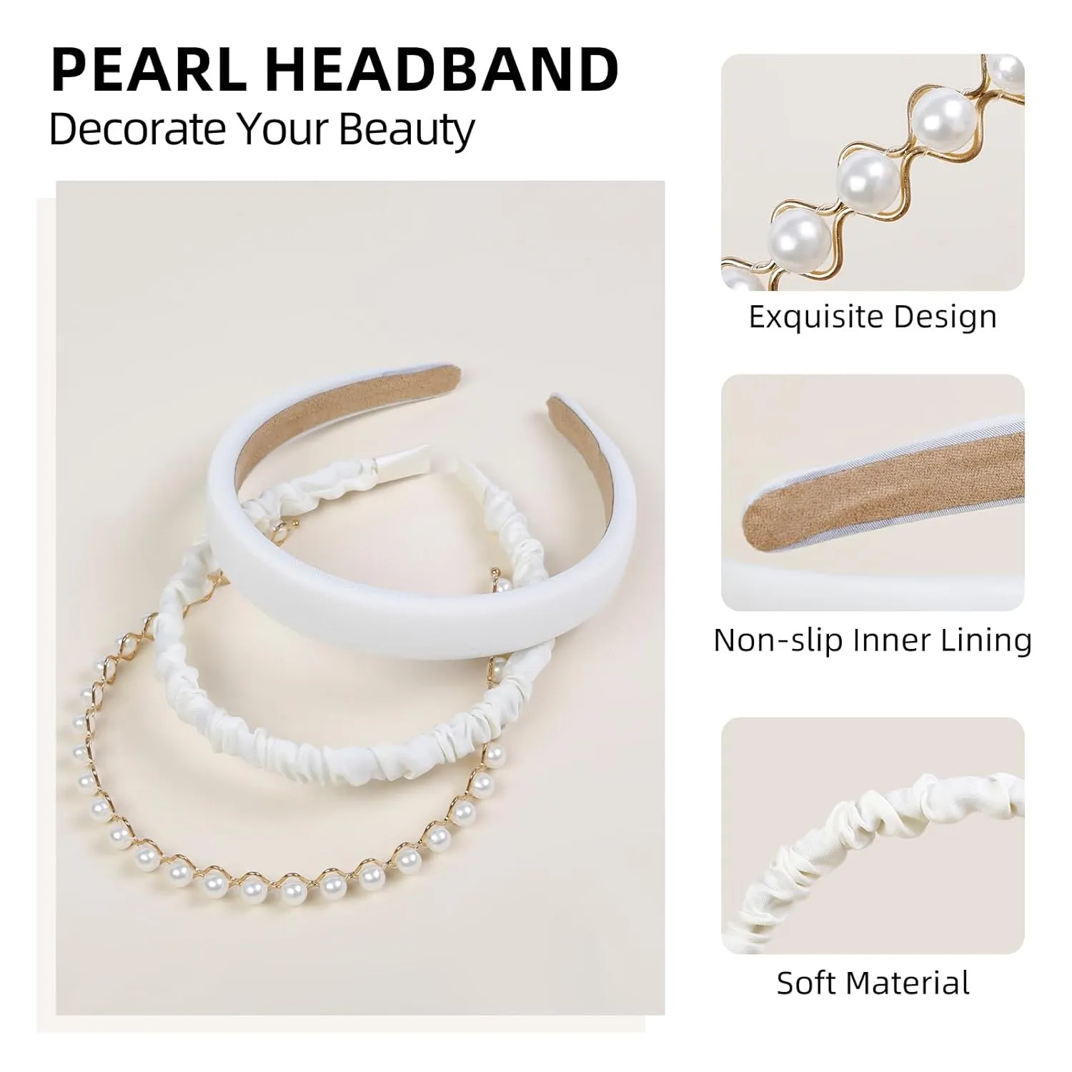 3PCS Headbands for Women & Girls - White Pearl Non-Slip Wide Padded Headbands - Cute & Vintage Women's Hair Accessories