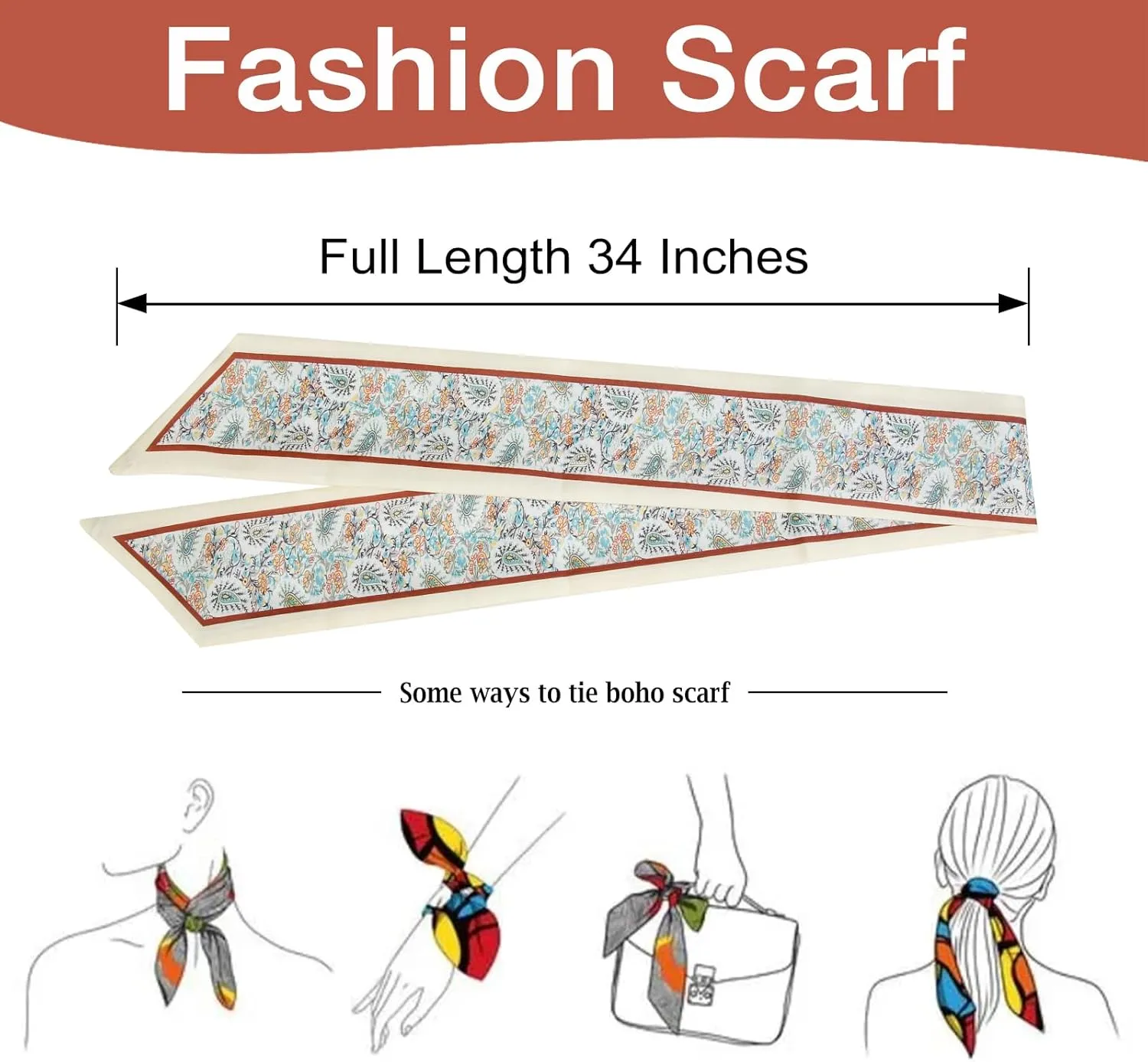 4Pcs Fashion Scarves for Women, Multifunctional Boho Scarves Headbands Satin Scarf for Bag Hair Accessories