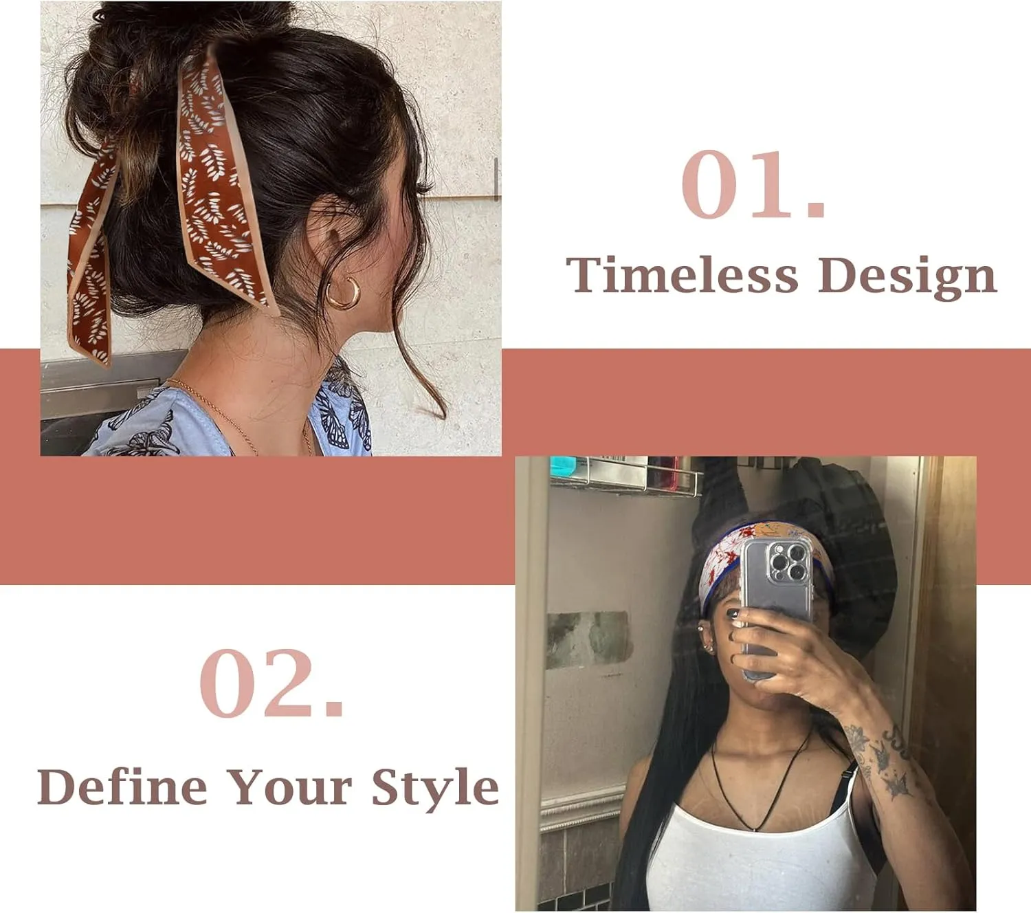 4Pcs Fashion Scarves for Women, Multifunctional Boho Scarves Headbands Satin Scarf for Bag Hair Accessories