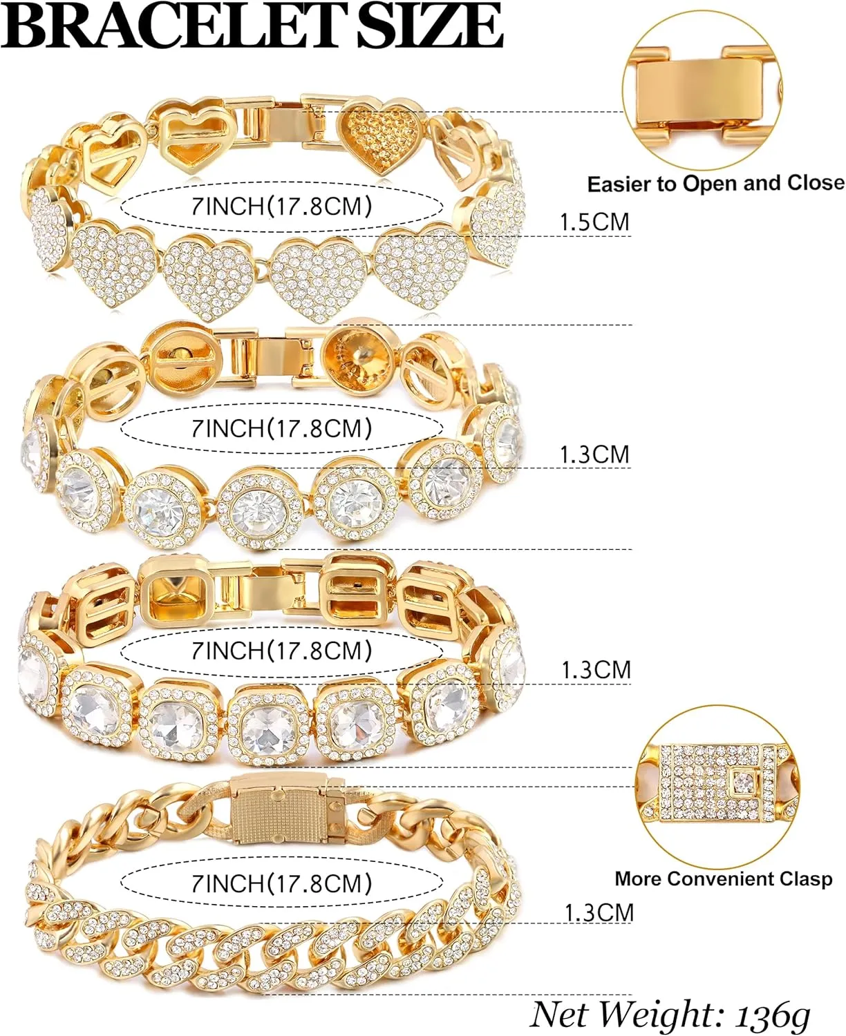 4PCS Gold Bracelets for Women Silver Clustered Tennis Bracelet for Women Heart Round Diamond Cuban Bracelet Layered Link Bracelet Set Fashion Jewelry for Women Set