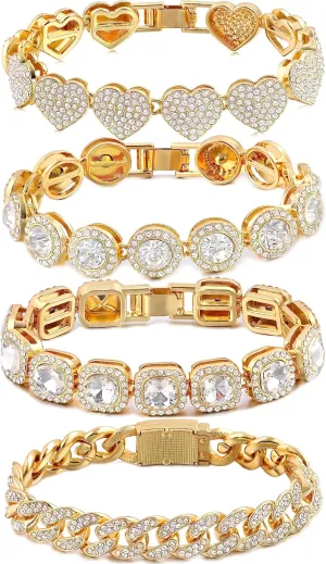 4PCS Gold Bracelets for Women Silver Clustered Tennis Bracelet for Women Heart Round Diamond Cuban Bracelet Layered Link Bracelet Set Fashion Jewelry for Women Set
