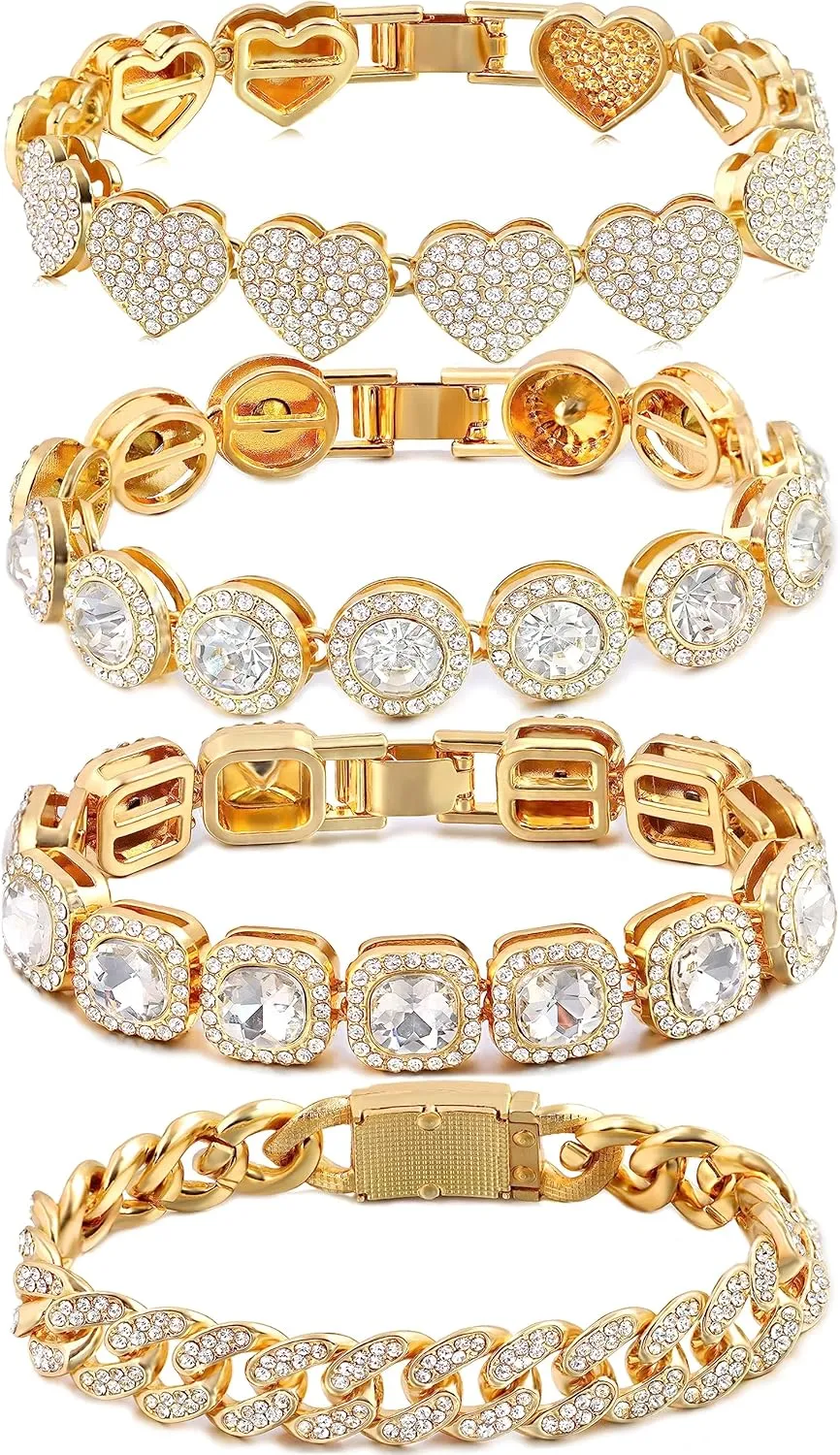 4PCS Gold Bracelets for Women Silver Clustered Tennis Bracelet for Women Heart Round Diamond Cuban Bracelet Layered Link Bracelet Set Fashion Jewelry for Women Set