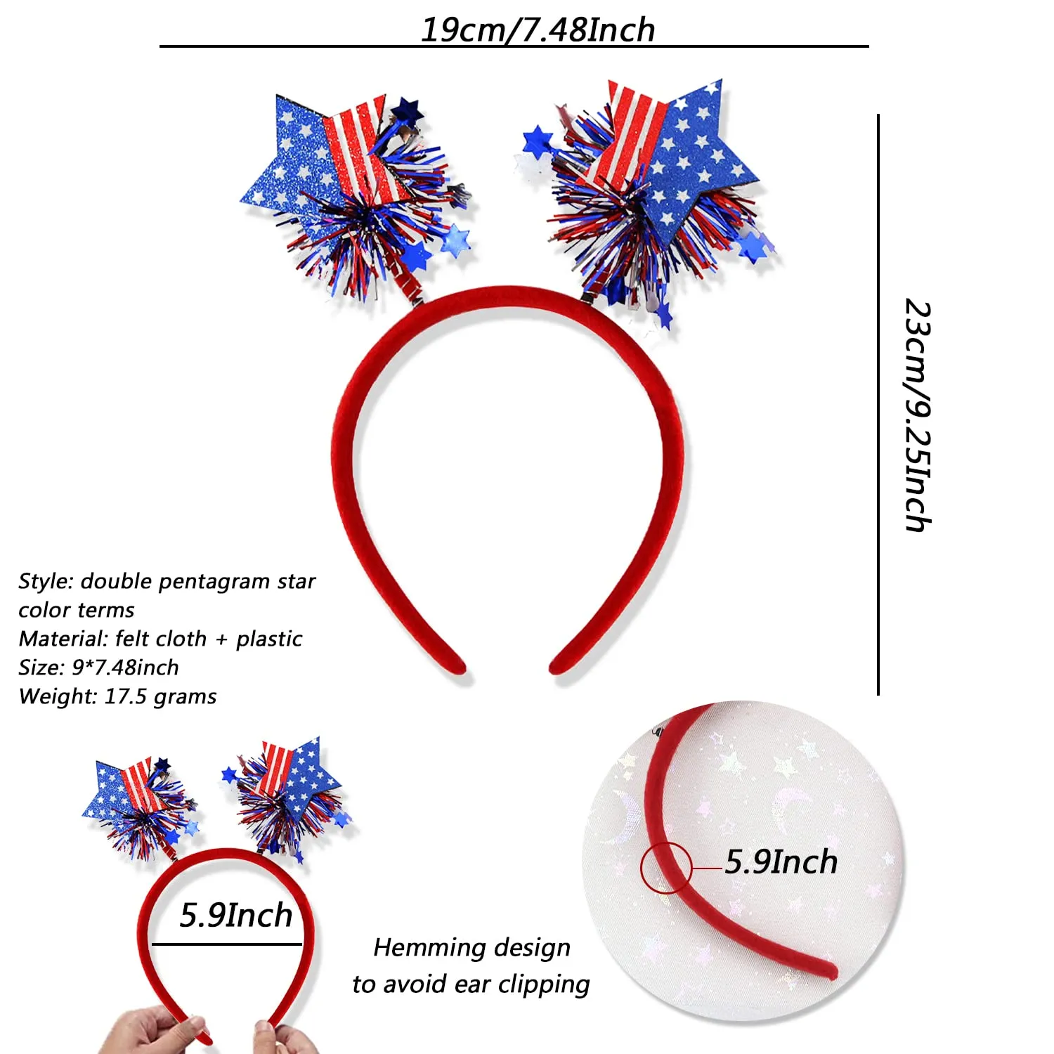 4th of July Headband Independence Day Hair Accessories Patriotic Party Hair Supplies USA Flag Star Design Blue Red Ribbon Stars Hair Decoration Cute Hair Hoop for Women Girls Kids 1 Pcs