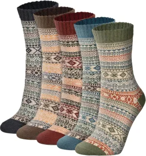 5 Pairs Womens Vintage Winter Wool Socks Cozy Soft Warm Thick Multicolor Knit Crew Socks Free Size Christmas Gifts