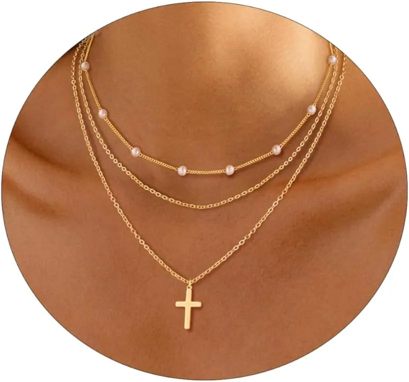 ASCOMY Layered Necklaces for Women Dainty Gold Necklace 14K Gold Plated Herringbone Necklace for Women Pearl Cross Necklace Paperclip Cuban Figaro Rope Satellite Chain Gold Choker Trendy Jewelry Gift
