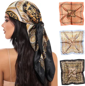 AWAYTR 35 Large Square Satin Head Scarf - 3Pcs Satin Hair Scarves Silk Bandana Scarf Headscarf Silk Feeling Scarf for Women