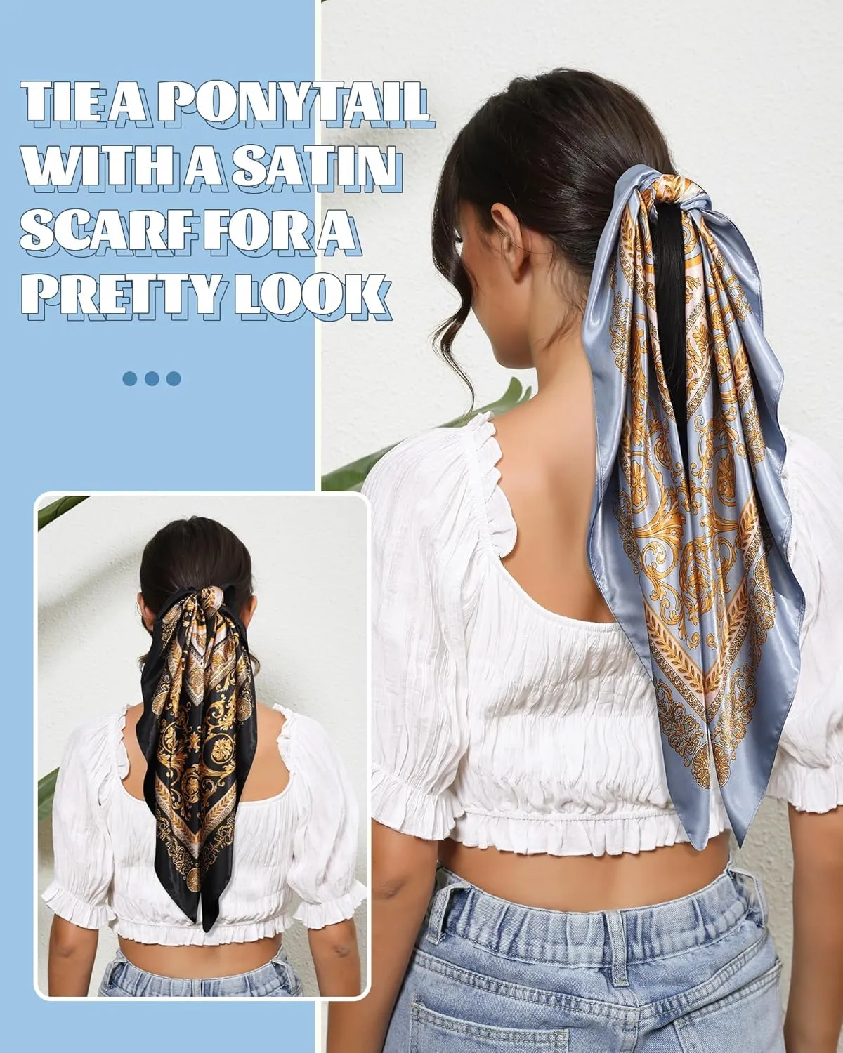 AWAYTR 35 Large Square Satin Head Scarf - 3Pcs Satin Hair Scarves Silk Bandana Scarf Headscarf Silk Feeling Scarf for Women