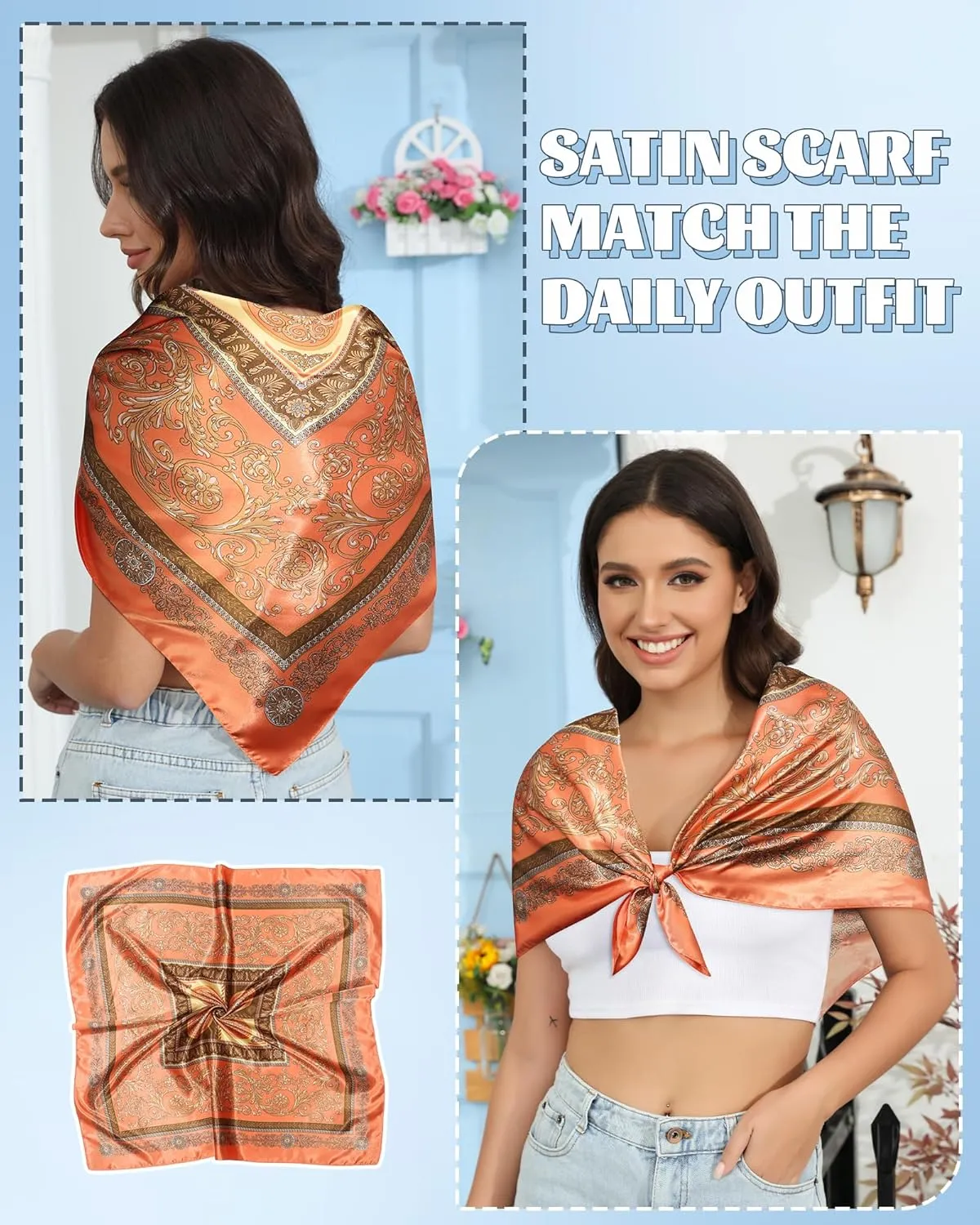 AWAYTR 35 Large Square Satin Head Scarf - 3Pcs Satin Hair Scarves Silk Bandana Scarf Headscarf Silk Feeling Scarf for Women