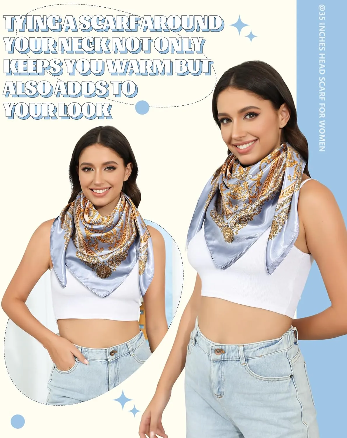 AWAYTR 35 Large Square Satin Head Scarf - 3Pcs Satin Hair Scarves Silk Bandana Scarf Headscarf Silk Feeling Scarf for Women