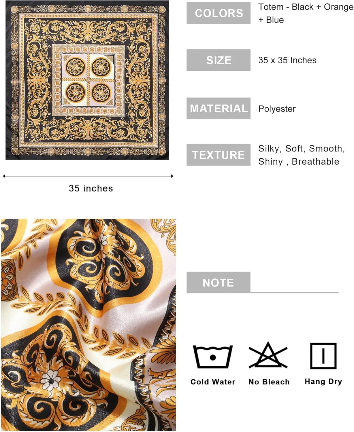 AWAYTR 35 Large Square Satin Head Scarf - 3Pcs Satin Hair Scarves Silk Bandana Scarf Headscarf Silk Feeling Scarf for Women