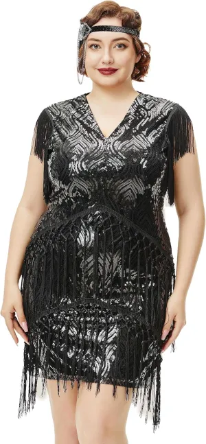 BABEYOND 1920s Plus Size Flapper Dress Long Fringed Gatsby Dress Plus Sequins Beaded Vintage Dress