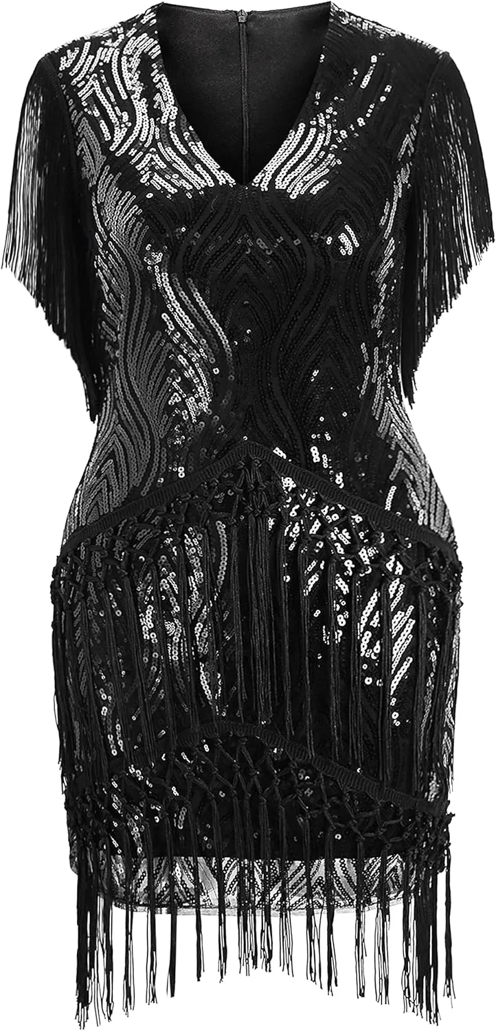 BABEYOND 1920s Plus Size Flapper Dress Long Fringed Gatsby Dress Plus Sequins Beaded Vintage Dress