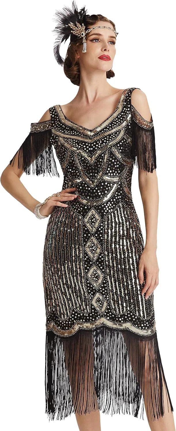 BABEYOND Womens 1920s Flapper Dress Vintage Long Fringe Dress Roaring 20s Sequins Beaded Dress