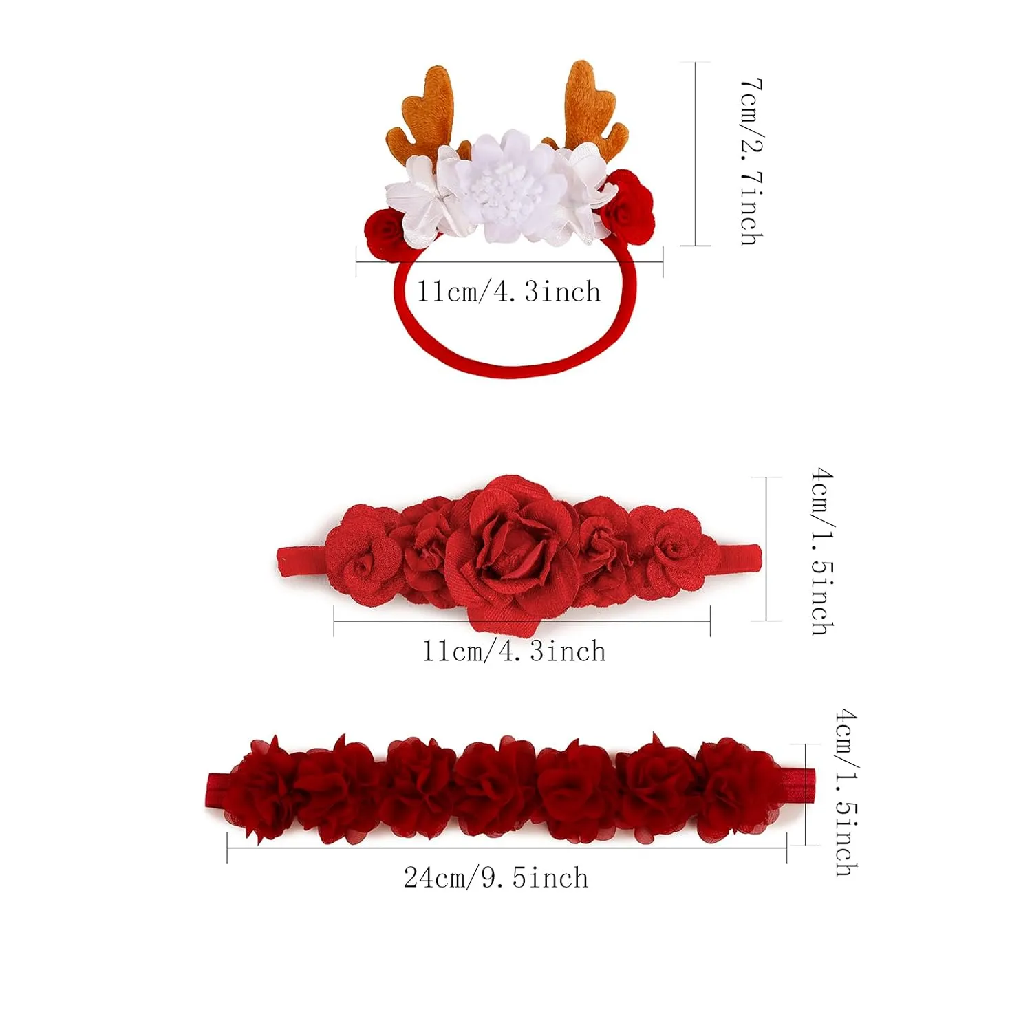 Baby Girls Christmas Headbands Flower Headband 3 Pcs Nylon Elastic Headbands Newborn Hair Bows Christmas Hair Accessories Gifts for Infant Toddlers Kids