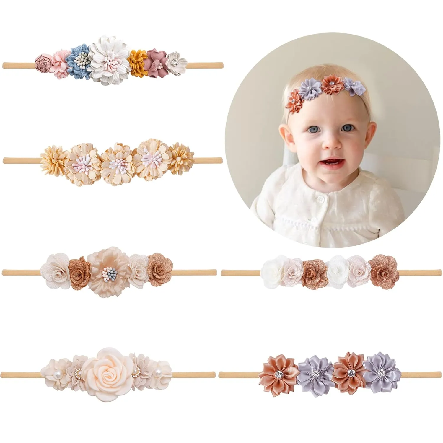 Baby Girls Headbands Flower Headband 6 Pcs Nylon Elastic Headbands Newborn Hair Bows Hair Accessories Gifts for Infant Toddlers Kids