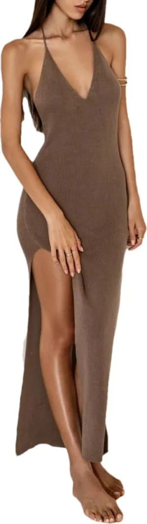 Backless Dress for Women Tie Waist Knit Maxi Dress Low Cut Neckline Split Dress Swim Cover Ups Strap Long Dress