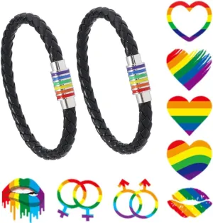 Baoximong Pride Bracelet 2pcs Gay Pride Leather Bracelet LGBT Titanium Stainless Steel Rainbow Enamel Charms with Rainbow Temporary Tattoos for Men Women