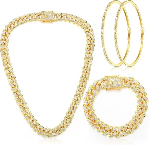 Batiyeer Cuban Link Chain Necklace Bracelet Rhinestone Earrings Bling Necklace Bracelet Crystal Big Circle Earring for Women
