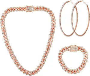 Batiyeer Cuban Link Chain Necklace Bracelet Rhinestone Earrings Bling Necklace Bracelet Crystal Big Circle Earring for Women