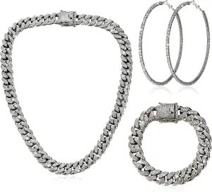 Batiyeer Cuban Link Chain Necklace Bracelet Rhinestone Earrings Bling Necklace Bracelet Crystal Big Circle Earring for Women