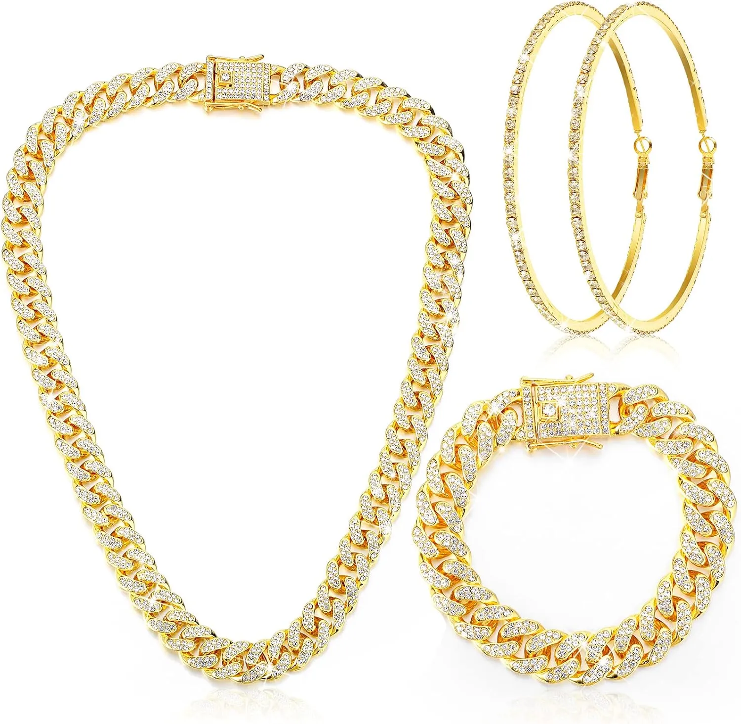 Batiyeer Cuban Link Chain Necklace Bracelet Rhinestone Earrings Bling Necklace Bracelet Crystal Big Circle Earring for Women
