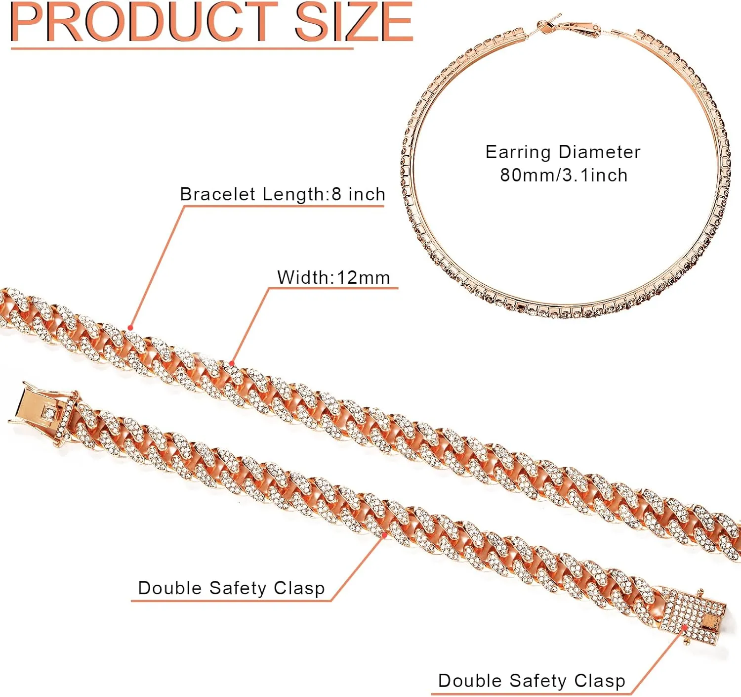 Batiyeer Cuban Link Chain Necklace Bracelet Rhinestone Earrings Bling Necklace Bracelet Crystal Big Circle Earring for Women