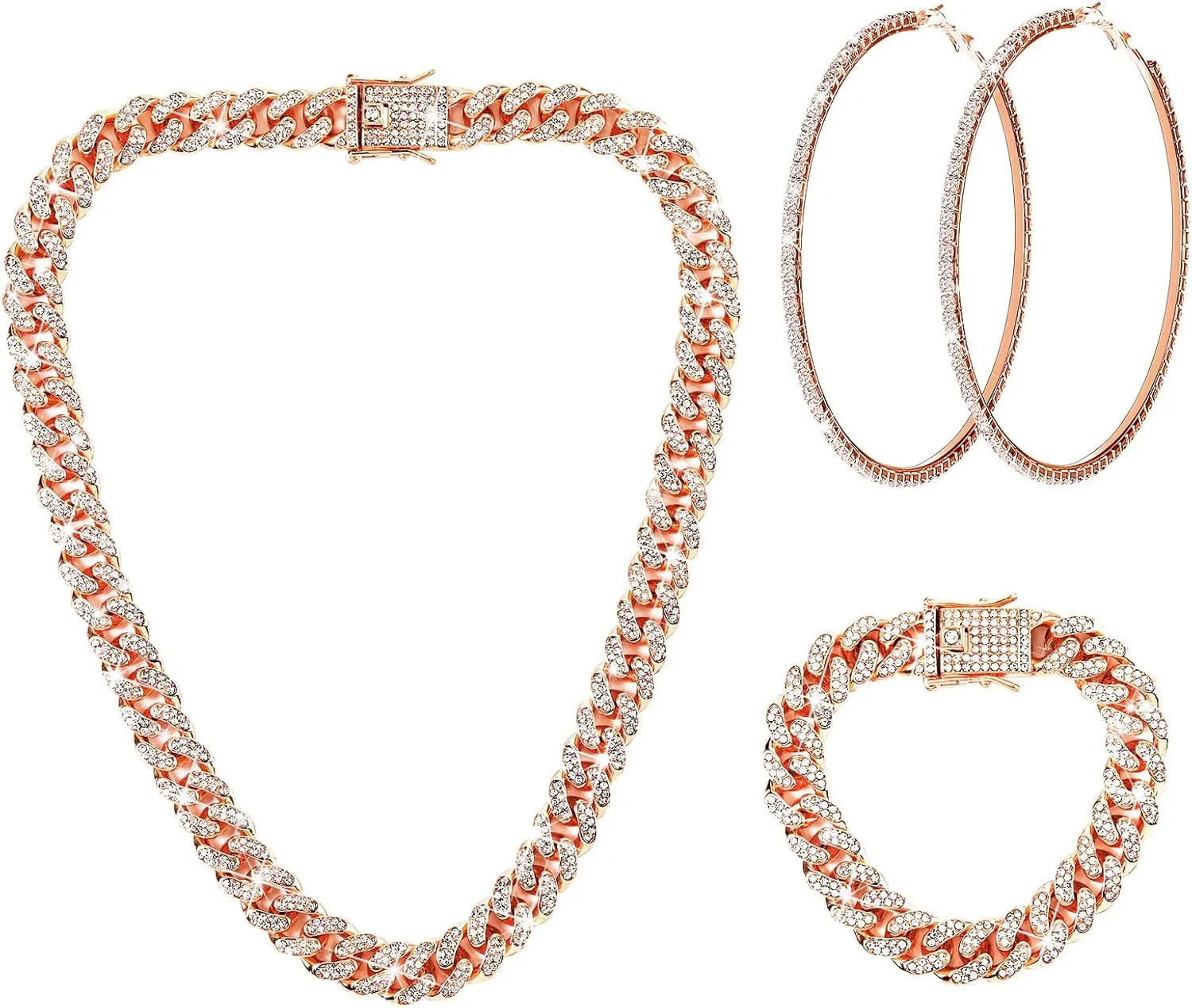 Batiyeer Cuban Link Chain Necklace Bracelet Rhinestone Earrings Bling Necklace Bracelet Crystal Big Circle Earring for Women