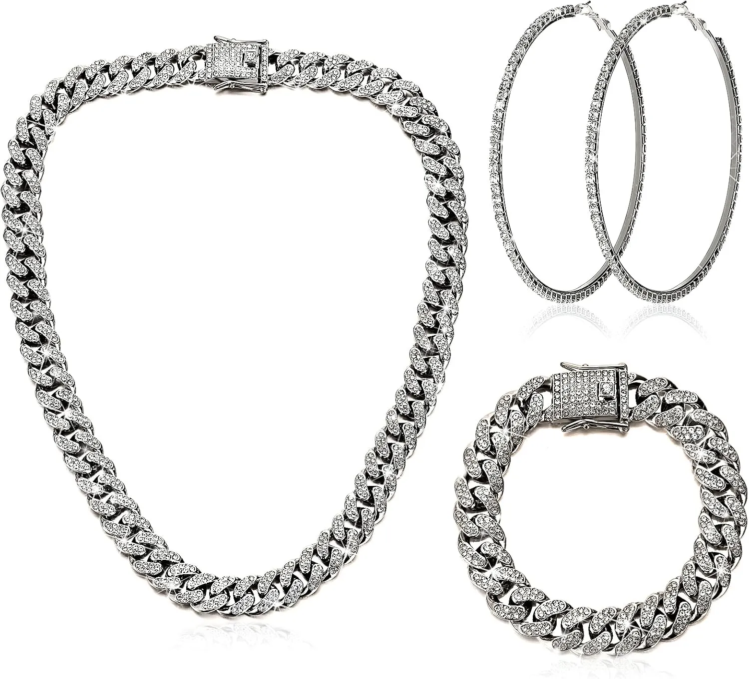 Batiyeer Cuban Link Chain Necklace Bracelet Rhinestone Earrings Bling Necklace Bracelet Crystal Big Circle Earring for Women