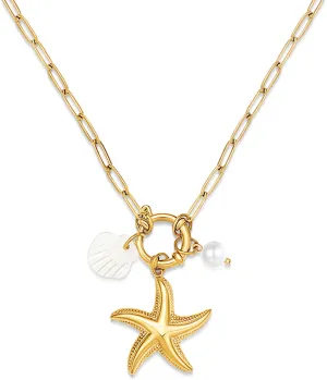 Beach Charm Necklace for Women Shell Starfish Conch Dolphin Seahorse Pendant Necklace for Summer Jewelry