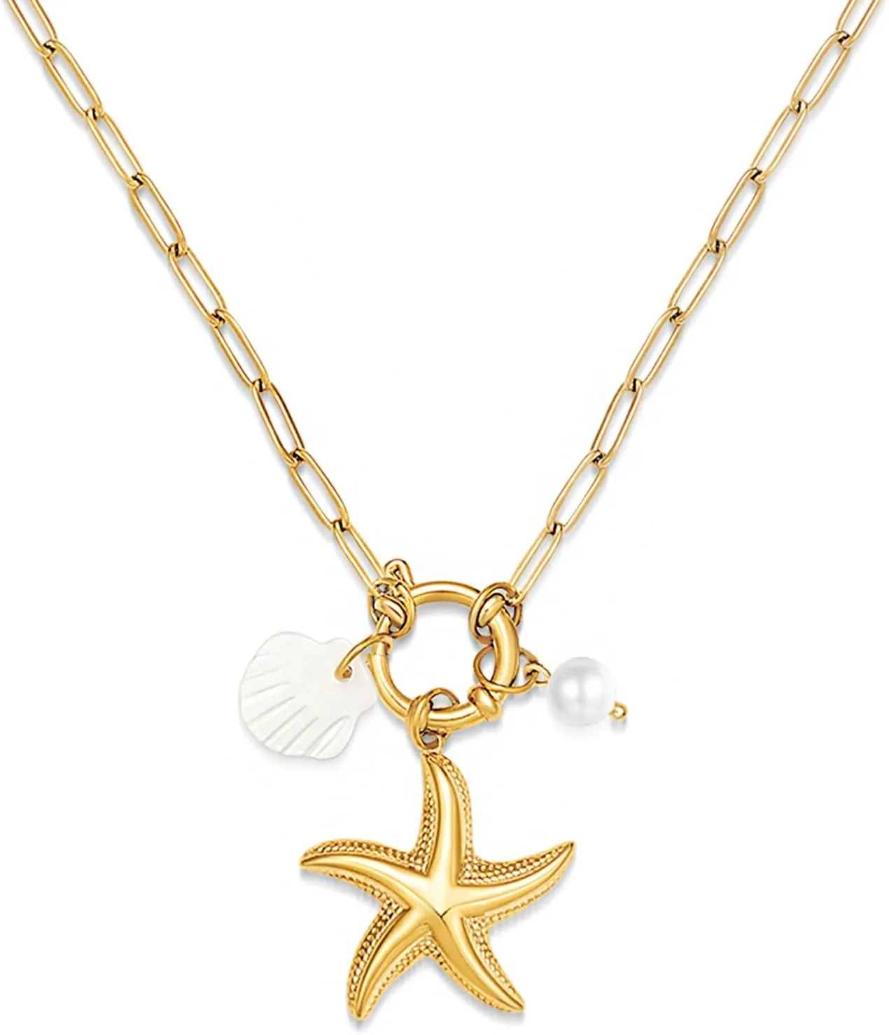 Beach Charm Necklace for Women Shell Starfish Conch Dolphin Seahorse Pendant Necklace for Summer Jewelry