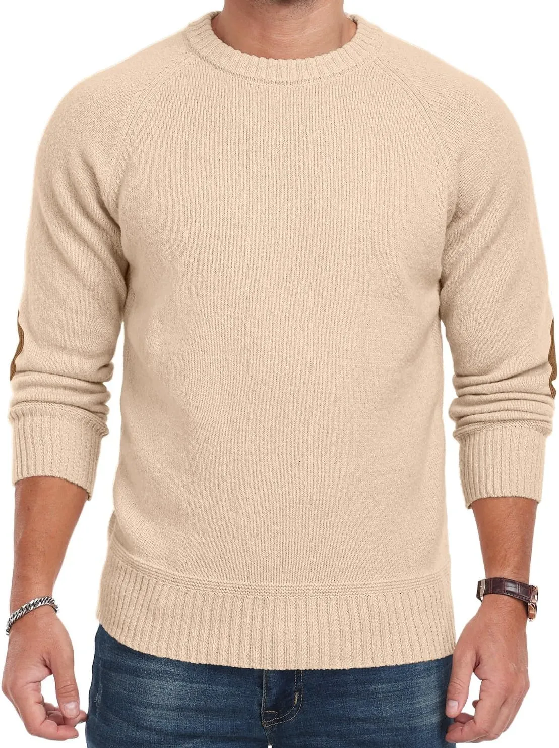 Cable Knit Sweater Men,Long Sleeve Casual Fishmen Sweater, Fit Pullover Sweater with Elbow Patches