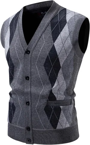 Cambkatl Men's Argyle Sweater Vest - Vintage Preppy Style Button Down V Neck Sleeveless Casual Slim Fit Knitted Cardigan Vest