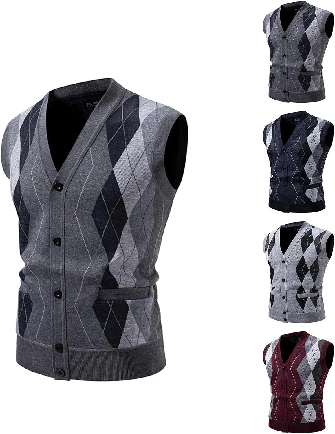 Cambkatl Men's Argyle Sweater Vest - Vintage Preppy Style Button Down V Neck Sleeveless Casual Slim Fit Knitted Cardigan Vest