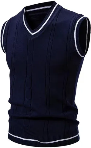 Cambkatl Men's Preppy Striped Sweater Vest Teens Classic V Neck Slim Fit Cable Knitted Sleeveless Pullover Sweaters