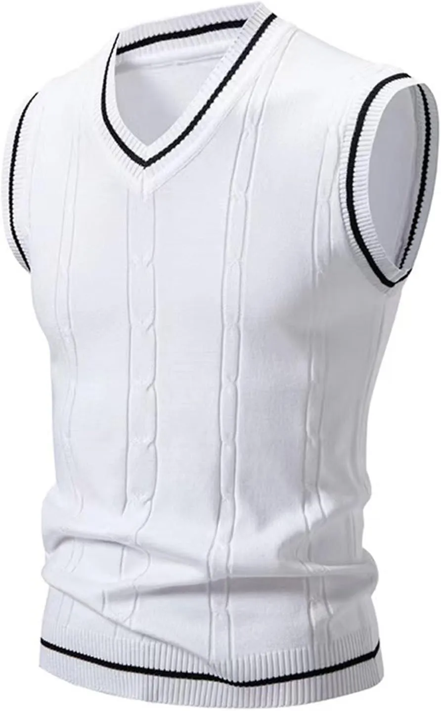 Cambkatl Men's Preppy Striped Sweater Vest Teens Classic V Neck Slim Fit Cable Knitted Sleeveless Pullover Sweaters